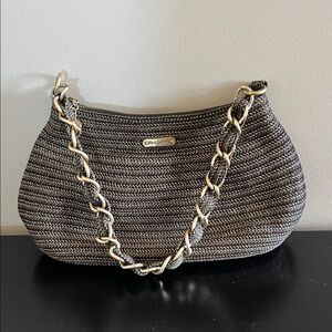 Eric Javits Black and Gold Woven Shoulder Bag with Gold Shimmer